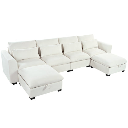 U-Shaped Linen Upholstered 6-Seat Sectional Sofa with 2 Movable Storage Ottomans for Living Room Home Theaters