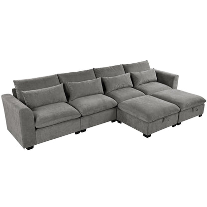 U-Shaped Linen Upholstered 6-Seat Sectional Sofa with 2 Movable Storage Ottomans for Living Room Home Theaters