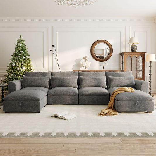U-Shaped Linen Upholstered 6-Seat Sectional Sofa with 2 Movable Storage Ottomans for Living Room Home Theaters