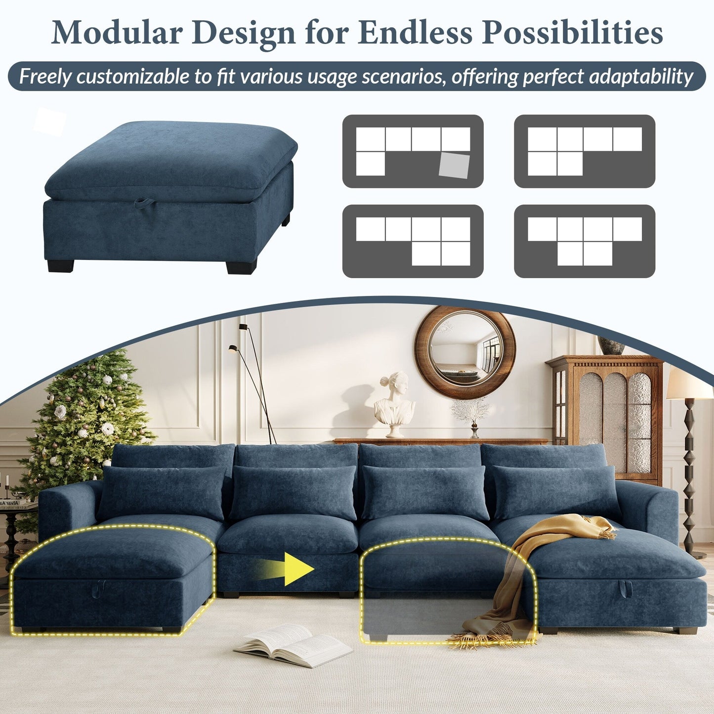 U-Shaped Linen Upholstered 6-Seat Sectional Sofa with 2 Movable Storage Ottomans for Living Room Home Theaters