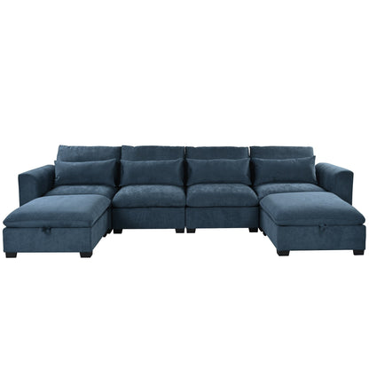 U-Shaped Linen Upholstered 6-Seat Sectional Sofa with 2 Movable Storage Ottomans for Living Room Home Theaters