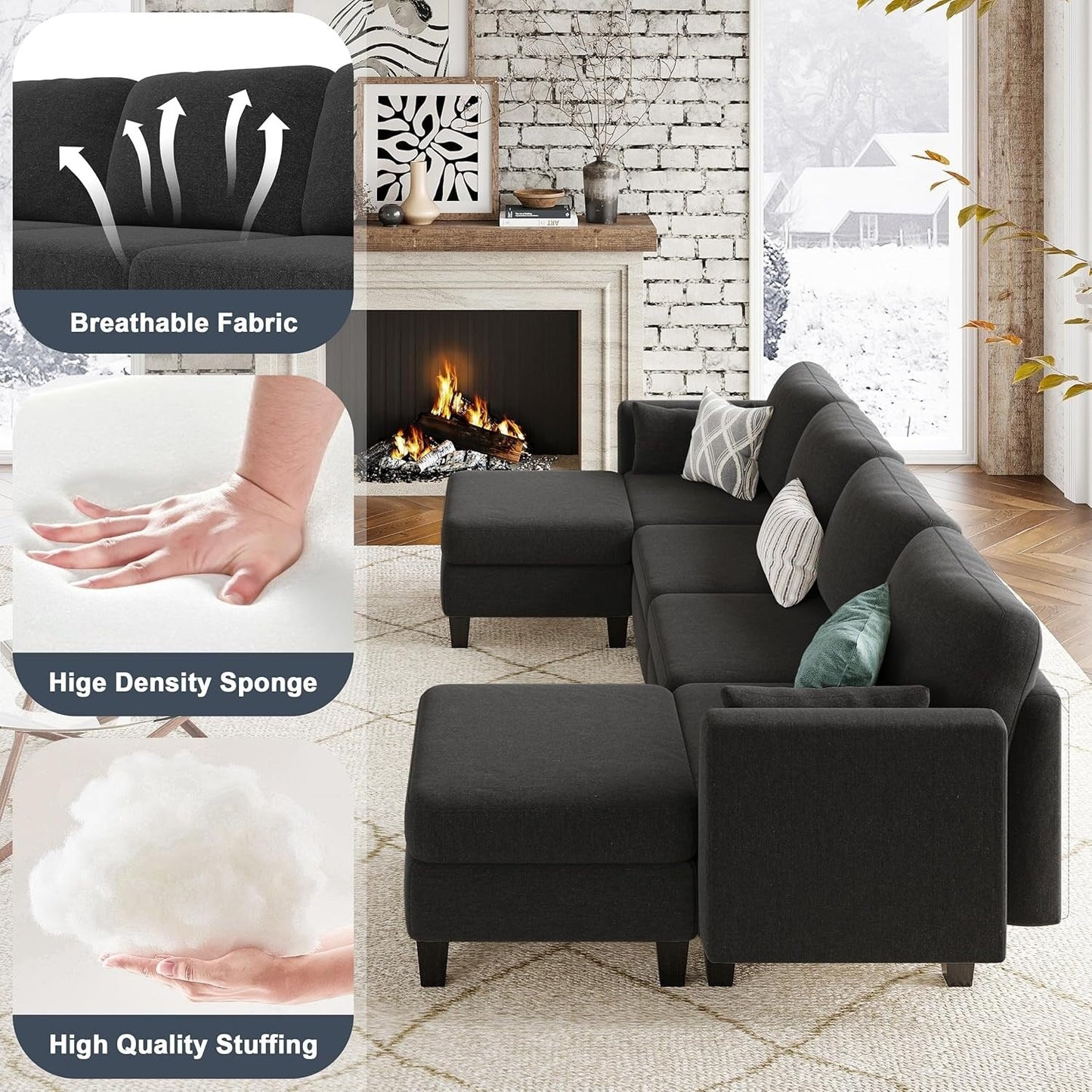 U-Shaped Modular Sectional Sofa - 6 Seat Convertible Couch with High Density Memory Foam, Modern Comfy Living Room SofaÂ 