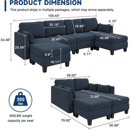 U-Shaped Modular Sectional Sofa - 6 Seat Convertible Couch with High Density Memory Foam, Modern Comfy Living Room SofaÂ 