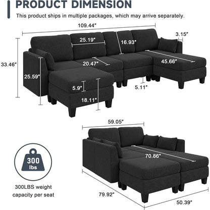 U-Shaped Modular Sectional Sofa - 6 Seat Convertible Couch with High Density Memory Foam, Modern Comfy Living Room SofaÂ 