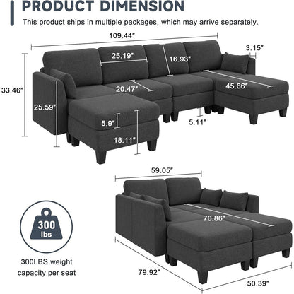 U-Shaped Modular Sectional Sofa - 6 Seat Convertible Couch with High Density Memory Foam, Modern Comfy Living Room SofaÂ 
