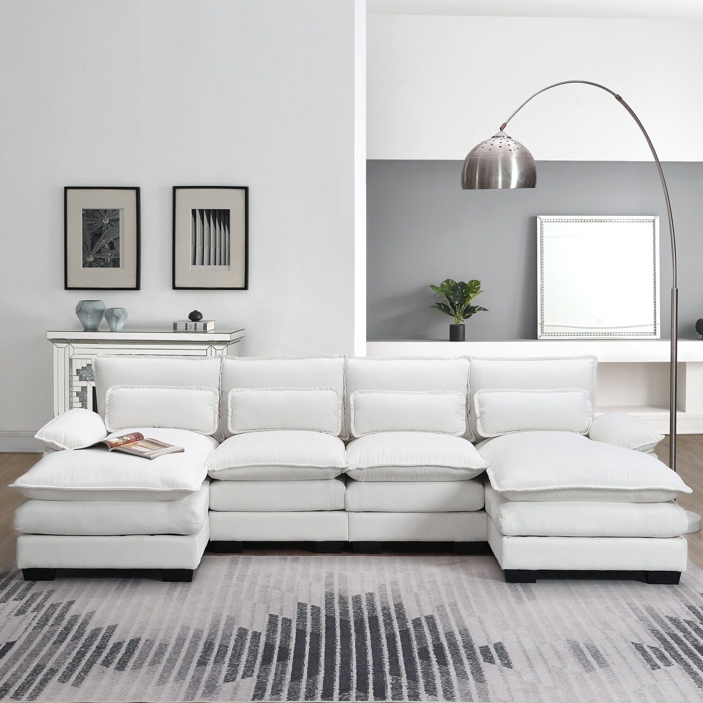 U-Shaped Sectional Sofa With Waist Pillows,6-Seat Upholstered Symmetrical Sofa,Sleeper Sofa Couch With Chaise Lounge