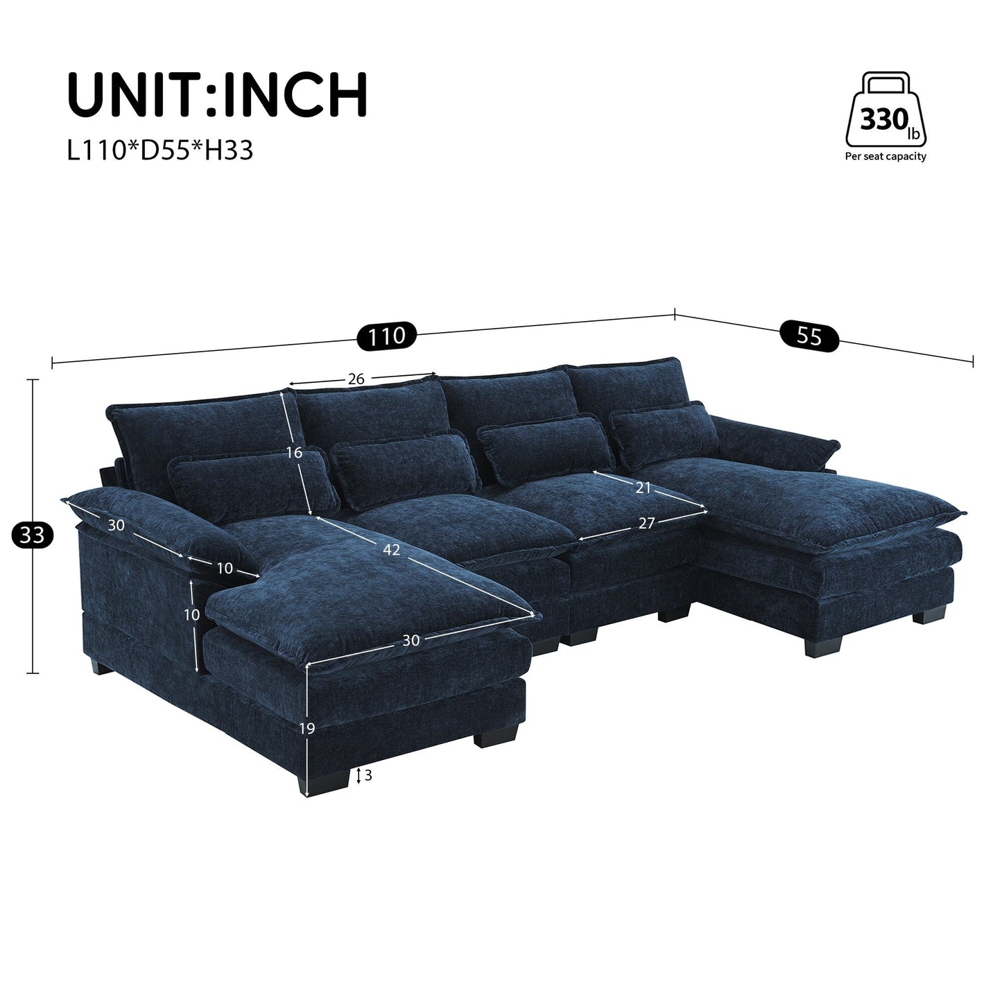 U-Shaped Sectional Sofa With Waist Pillows,6-Seat Upholstered Symmetrical Sofa,Sleeper Sofa Couch With Chaise Lounge