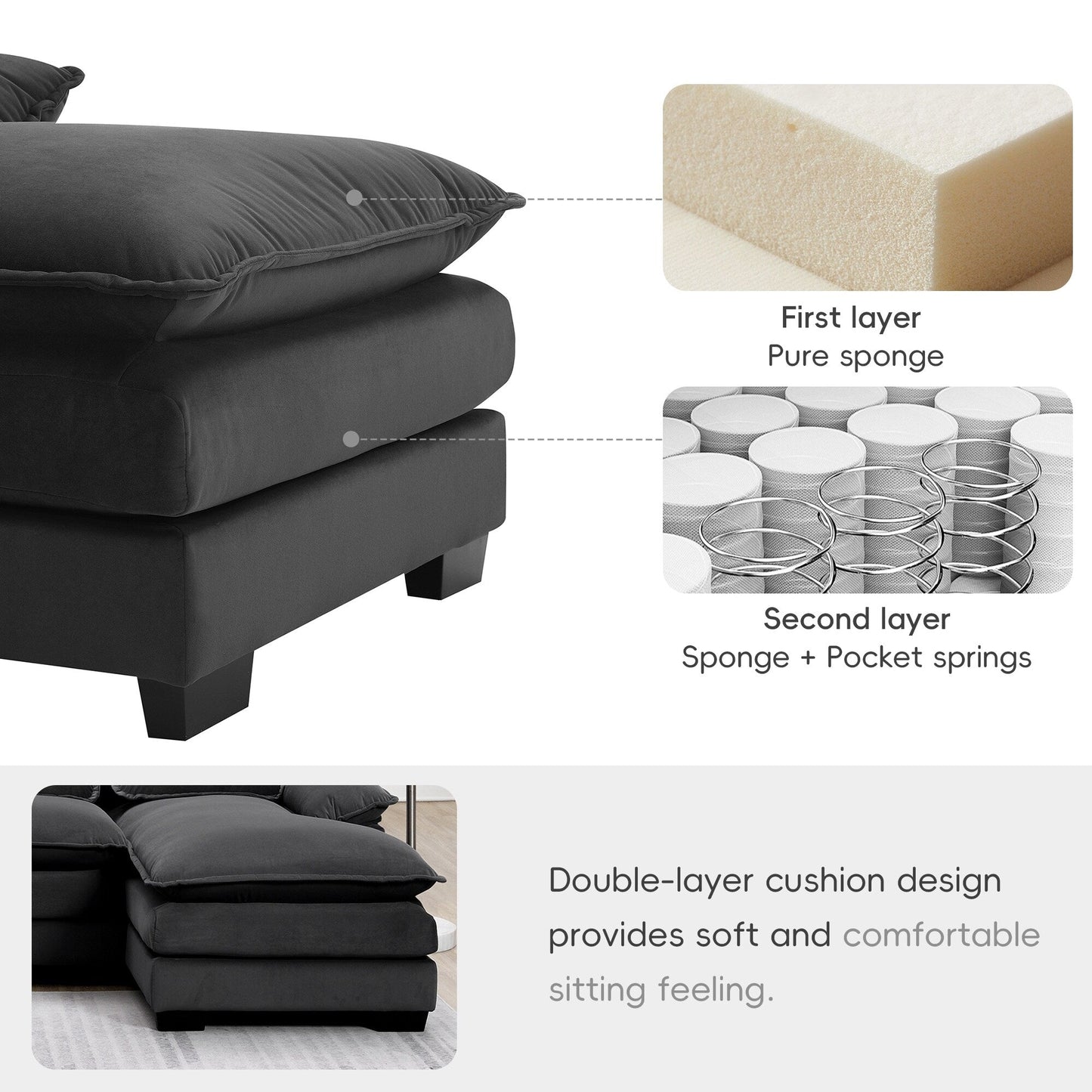 U-Shaped Sectional Sofa With Waist Pillows,6-Seat Upholstered Symmetrical Sofa,Sleeper Sofa Couch With Chaise Lounge