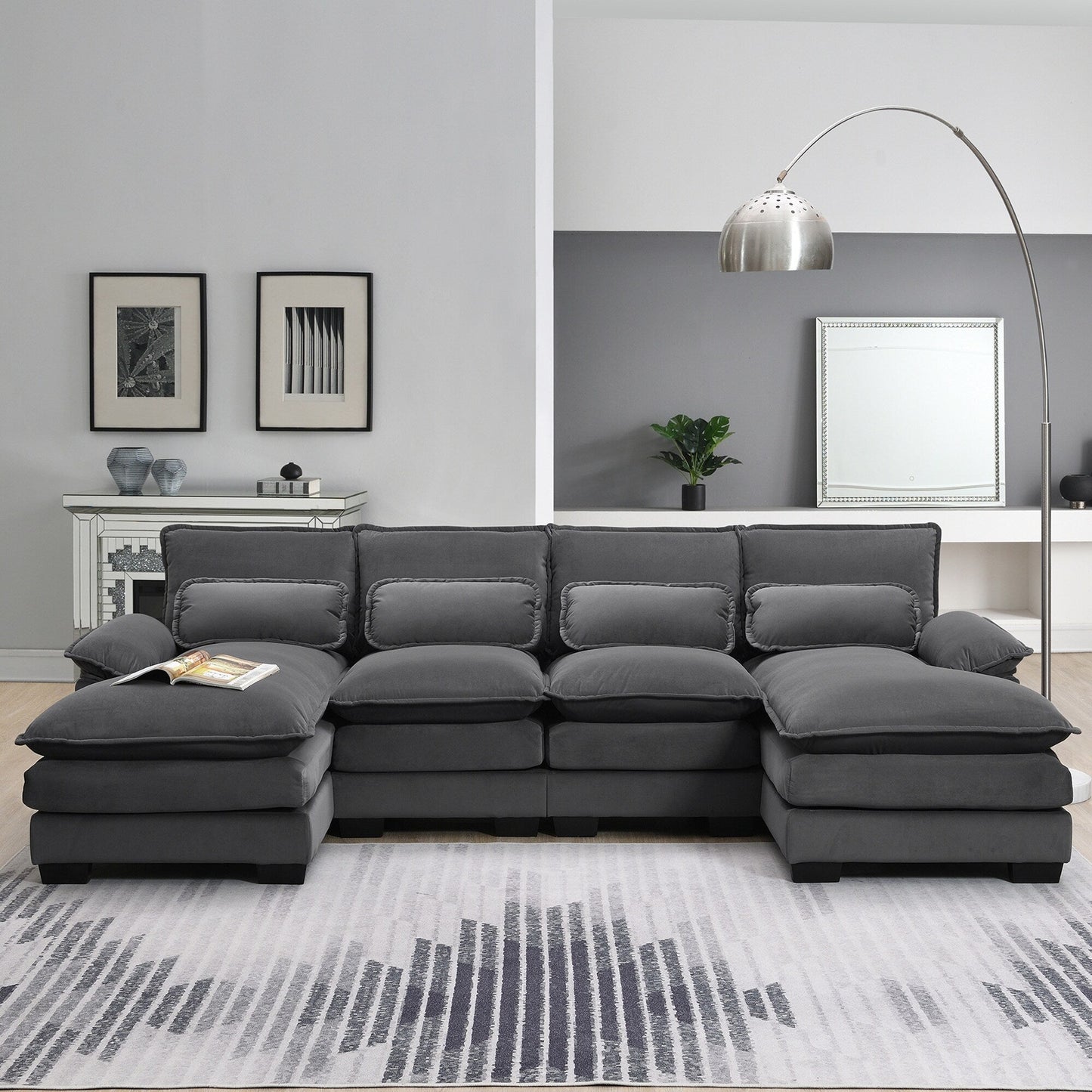 U-Shaped Sectional Sofa With Waist Pillows,6-Seat Upholstered Symmetrical Sofa,Sleeper Sofa Couch With Chaise Lounge