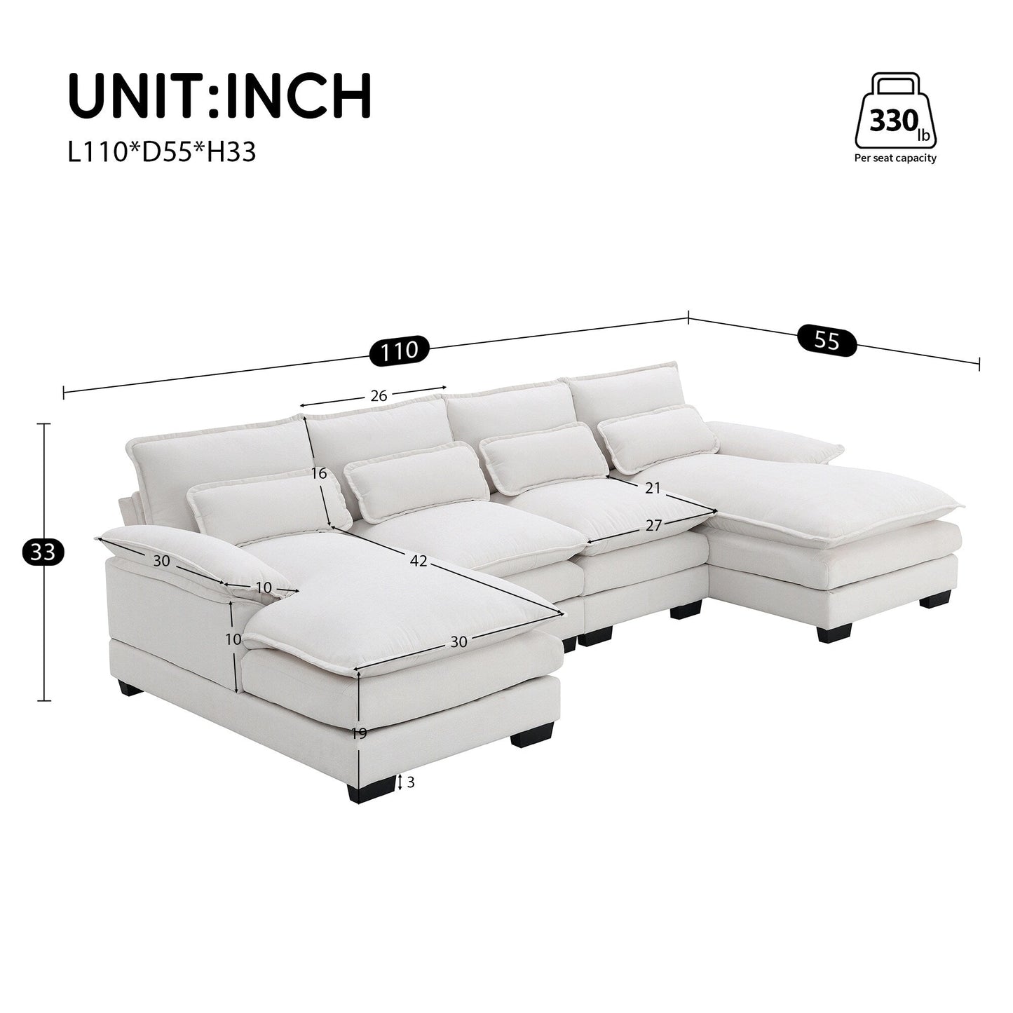 U-Shaped Sectional Sofa With Waist Pillows,6-Seat Upholstered Symmetrical Sofa,Sleeper Sofa Couch With Chaise Lounge