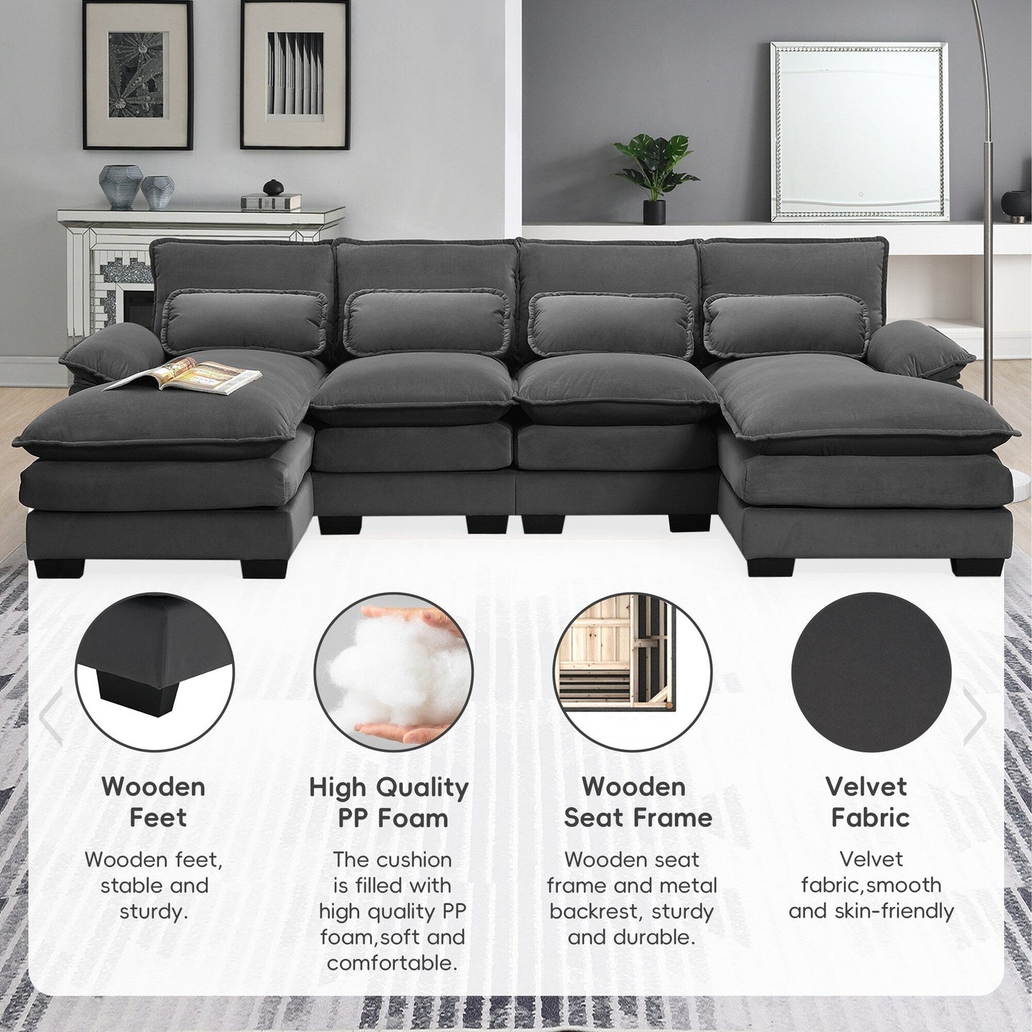 U-Shaped Sectional Sofa With Waist Pillows,6-Seat Upholstered Symmetrical Sofa,Sleeper Sofa Couch With Chaise Lounge
