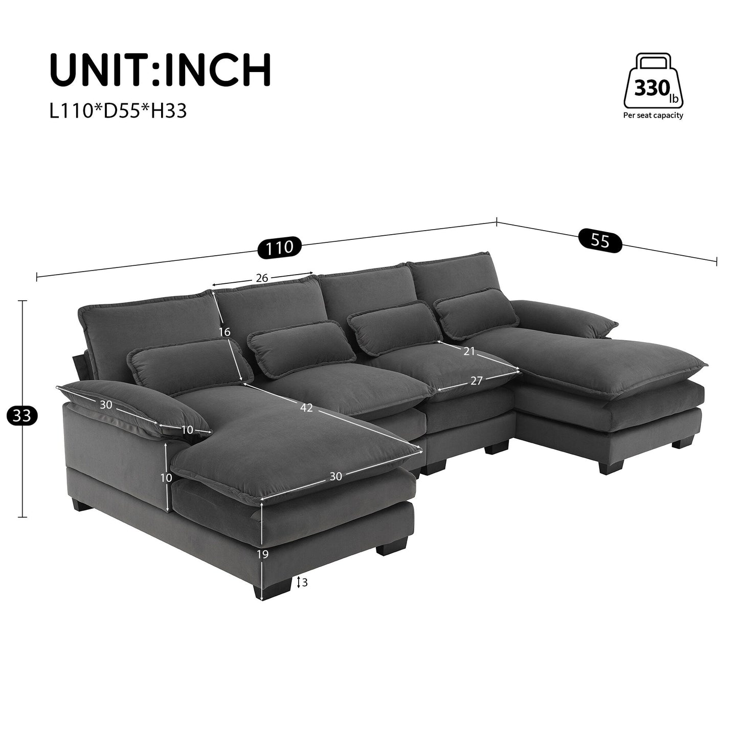 U-Shaped Sectional Sofa With Waist Pillows,6-Seat Upholstered Symmetrical Sofa,Sleeper Sofa Couch With Chaise Lounge