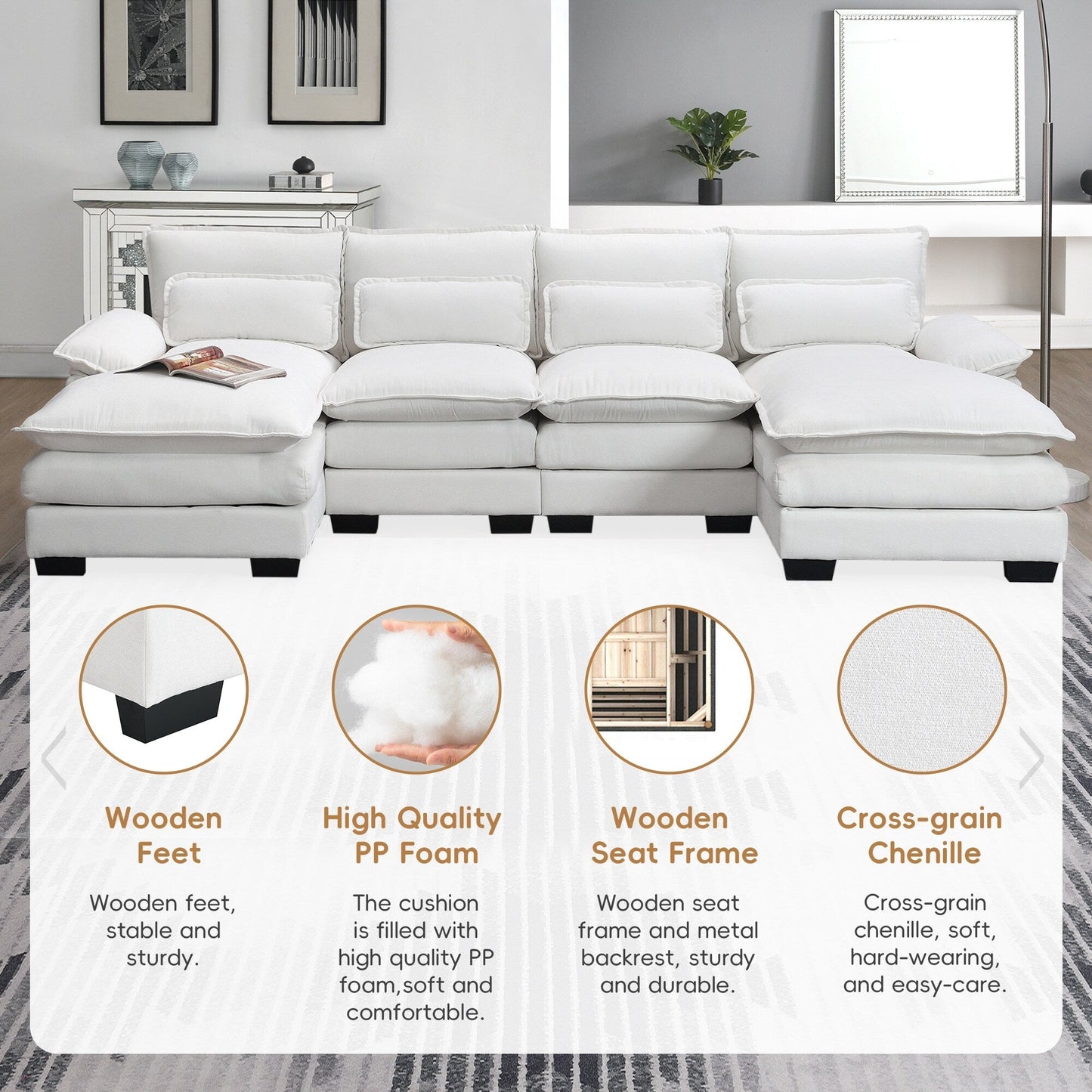 U-Shaped Sectional Sofa With Waist Pillows,6-Seat Upholstered Symmetrical Sofa,Sleeper Sofa Couch With Chaise Lounge