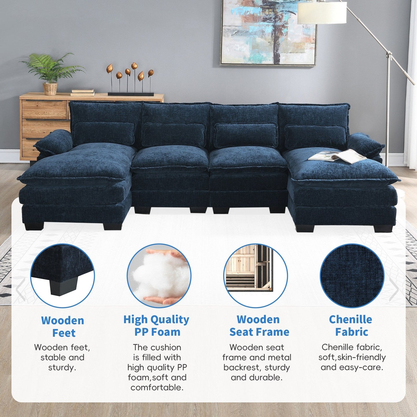 U-Shaped Sectional Sofa With Waist Pillows,6-Seat Upholstered Symmetrical Sofa,Sleeper Sofa Couch With Chaise Lounge