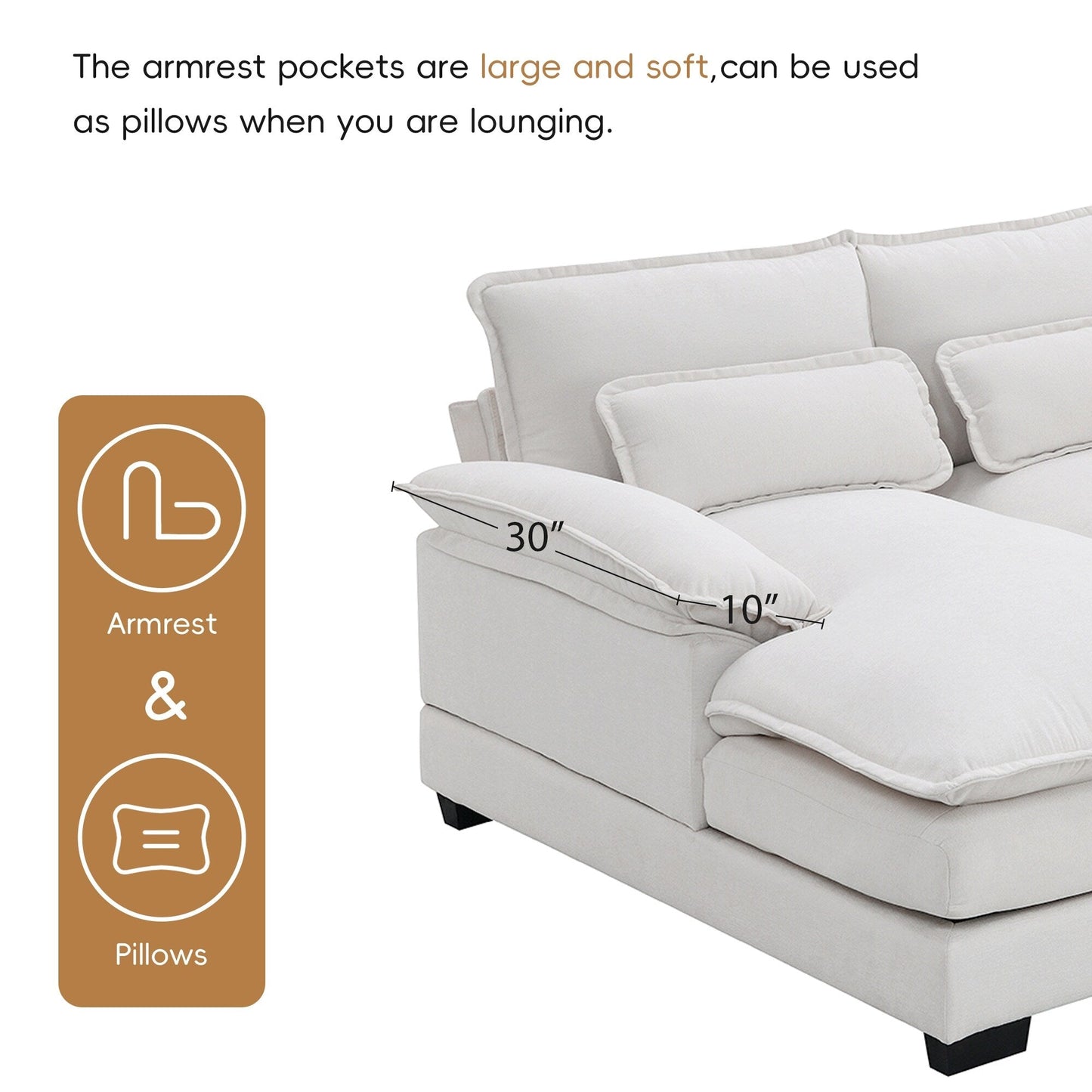 U-Shaped Sectional Sofa With Waist Pillows,6-Seat Upholstered Symmetrical Sofa,Sleeper Sofa Couch With Chaise Lounge
