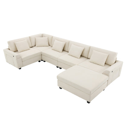 U Shaped Sectional Sofa,Chenille Couch Set With Ottoman,Hidden Armrest Storage And Cup Holders,Usb Charging Ports