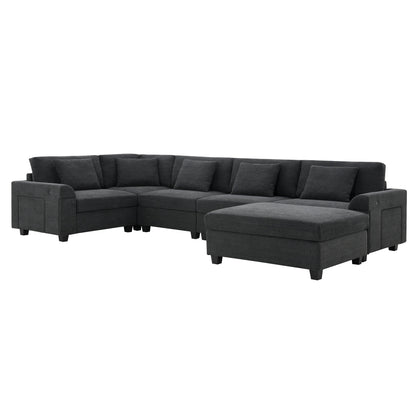 U Shaped Sectional Sofa,Chenille Couch Set With Ottoman,Hidden Armrest Storage And Cup Holders,Usb Charging Ports