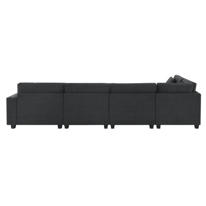 U Shaped Sectional Sofa,Chenille Couch Set With Ottoman,Hidden Armrest Storage And Cup Holders,Usb Charging Ports