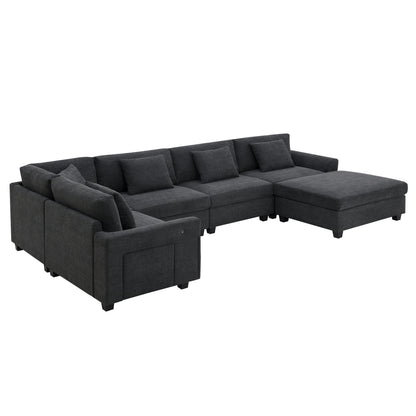 U Shaped Sectional Sofa,Chenille Couch Set With Ottoman,Hidden Armrest Storage And Cup Holders,Usb Charging Ports