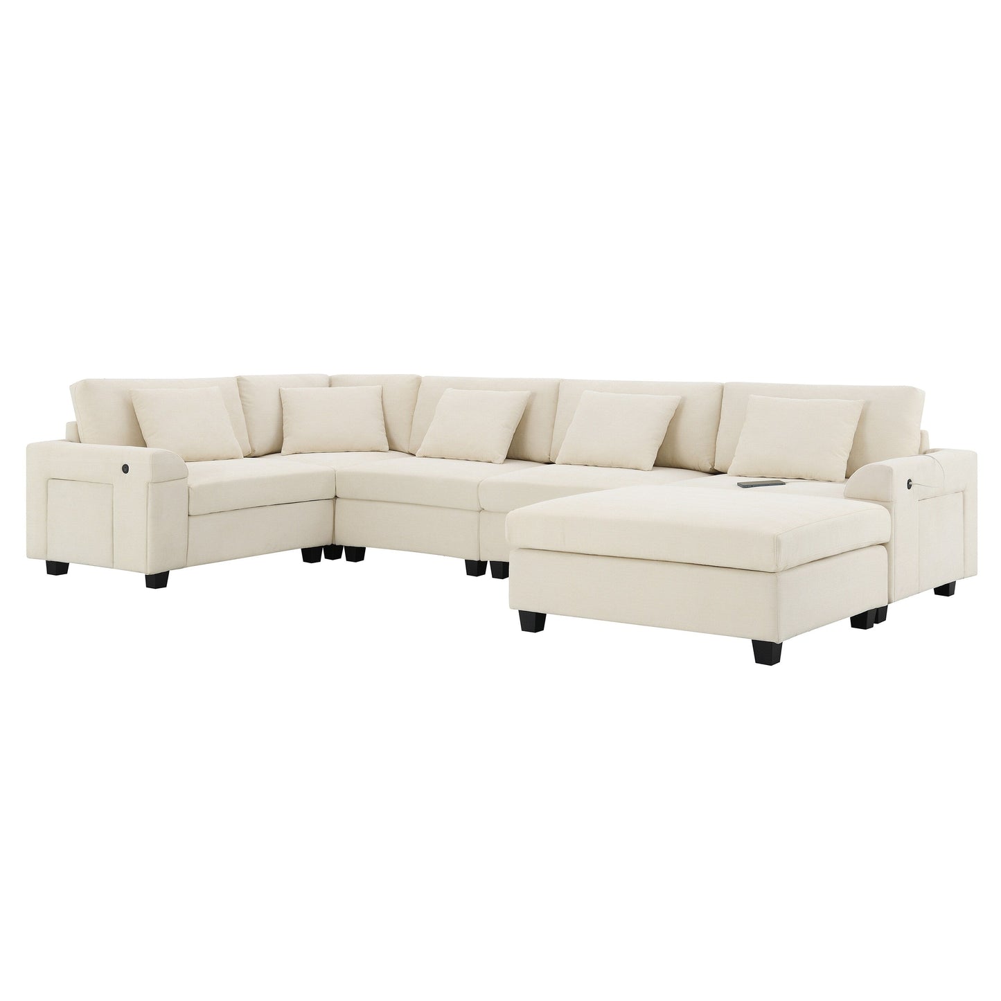 U Shaped Sectional Sofa,Chenille Couch Set With Ottoman,Hidden Armrest Storage And Cup Holders,Usb Charging Ports
