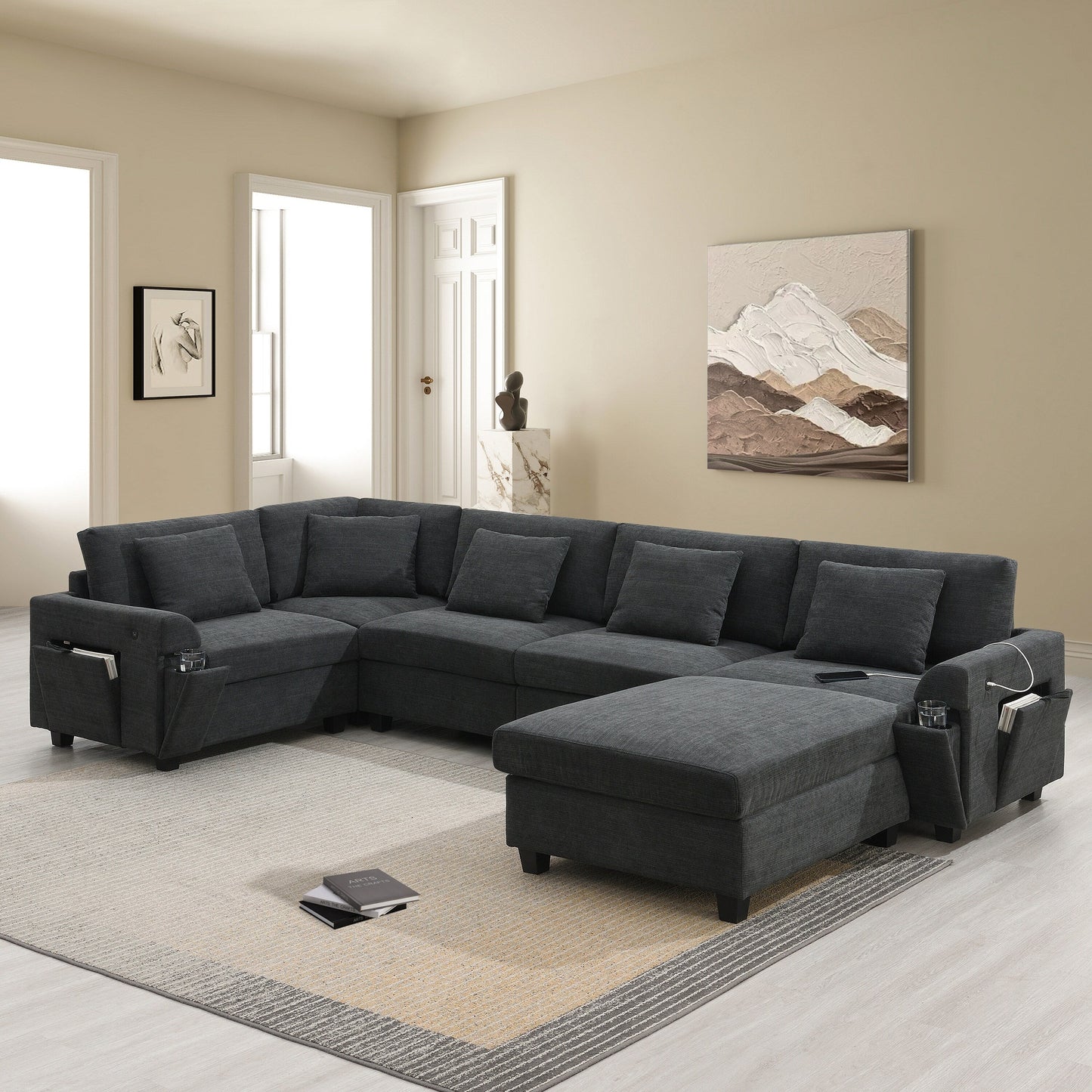 U Shaped Sectional Sofa,Chenille Couch Set With Ottoman,Hidden Armrest Storage And Cup Holders,Usb Charging Ports
