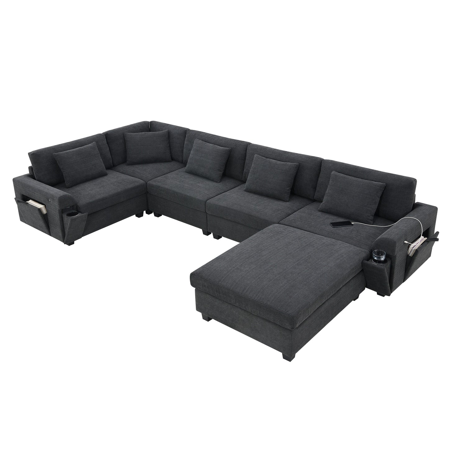 U Shaped Sectional Sofa,Chenille Couch Set With Ottoman,Hidden Armrest Storage And Cup Holders,Usb Charging Ports
