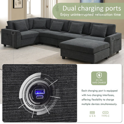 U Shaped Sectional Sofa,Chenille Couch Set With Ottoman,Hidden Armrest Storage And Cup Holders,Usb Charging Ports