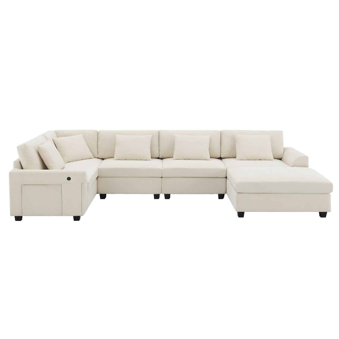 U Shaped Sectional Sofa,Chenille Couch Set With Ottoman,Hidden Armrest Storage And Cup Holders,Usb Charging Ports