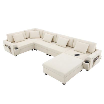 U Shaped Sectional Sofa,Chenille Couch Set With Ottoman,Hidden Armrest Storage And Cup Holders,Usb Charging Ports