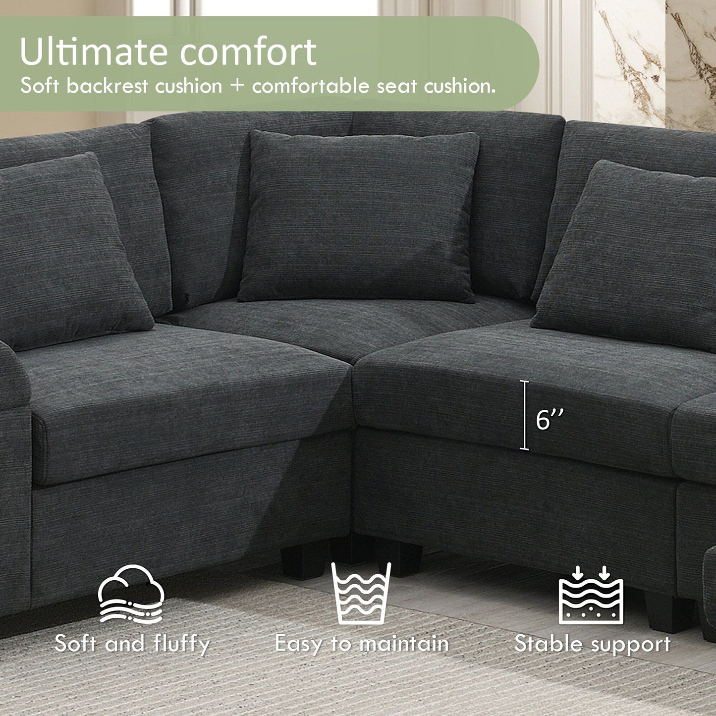 U Shaped Sectional Sofa,Chenille Couch Set With Ottoman,Hidden Armrest Storage And Cup Holders,Usb Charging Ports