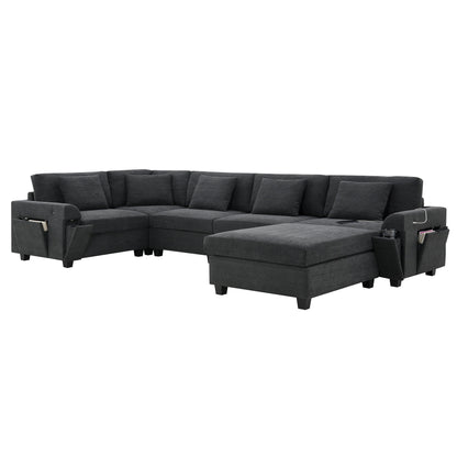 U Shaped Sectional Sofa,Chenille Couch Set With Ottoman,Hidden Armrest Storage And Cup Holders,Usb Charging Ports
