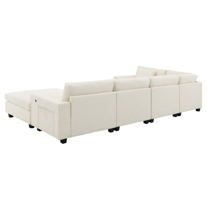 U Shaped Sectional Sofa,Chenille Couch Set With Ottoman,Hidden Armrest Storage And Cup Holders,Usb Charging Ports