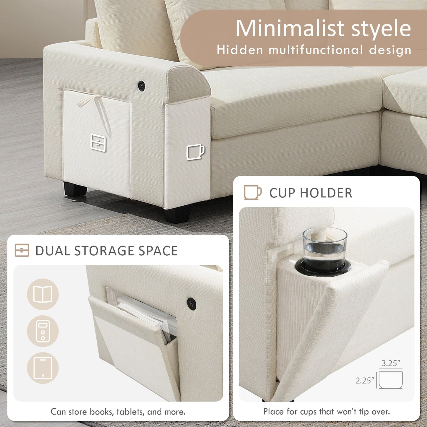 U Shaped Sectional Sofa,Chenille Couch Set With Ottoman,Hidden Armrest Storage And Cup Holders,Usb Charging Ports