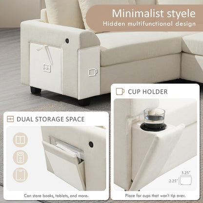 U Shaped Sectional Sofa,Chenille Couch Set With Ottoman,Hidden Armrest Storage And Cup Holders,Usb Charging Ports