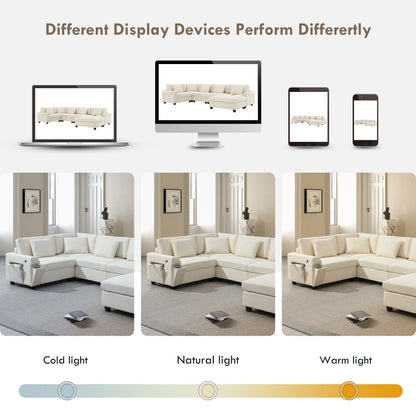 U Shaped Sectional Sofa,Chenille Couch Set With Ottoman,Hidden Armrest Storage And Cup Holders,Usb Charging Ports