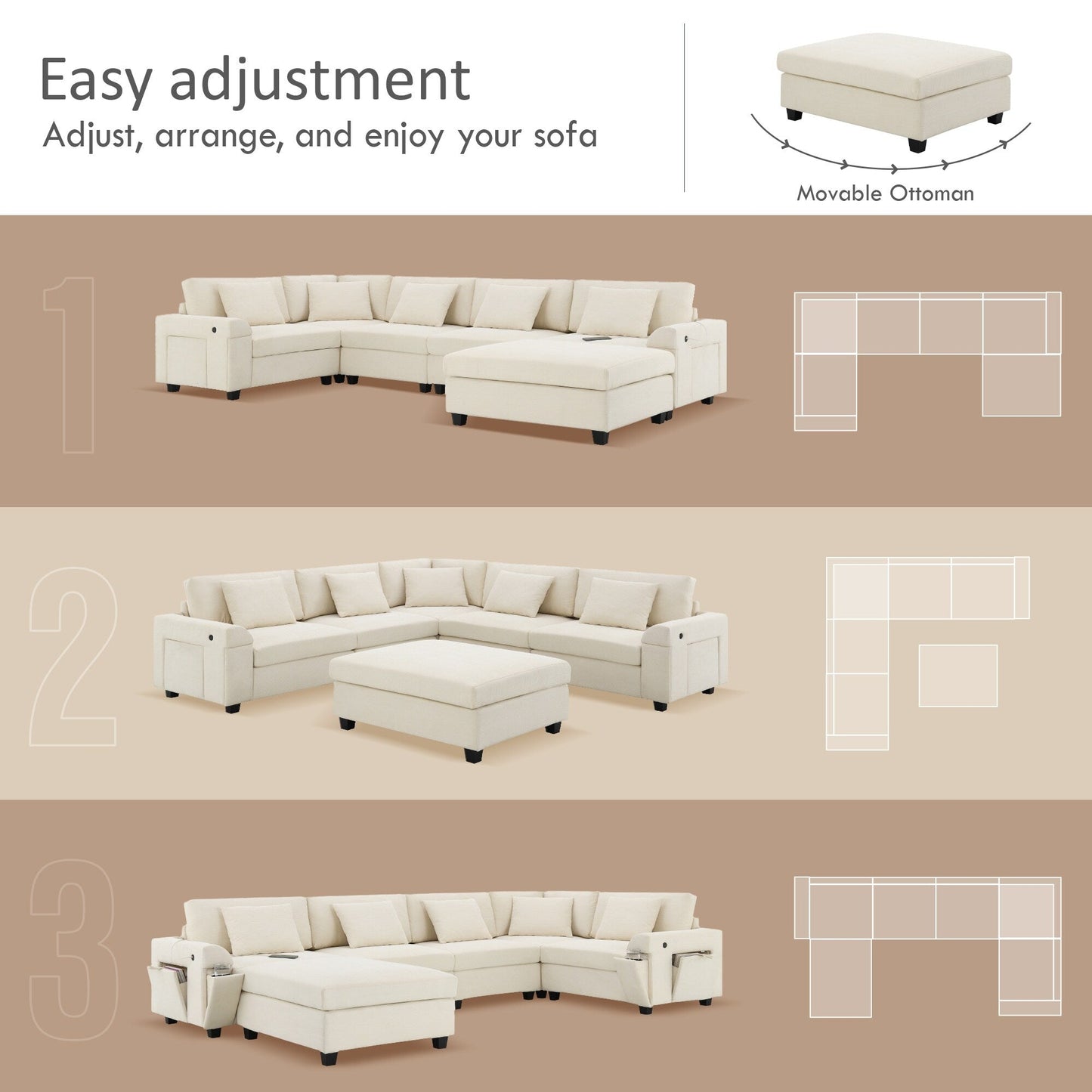 U Shaped Sectional Sofa,Chenille Couch Set With Ottoman,Hidden Armrest Storage And Cup Holders,Usb Charging Ports