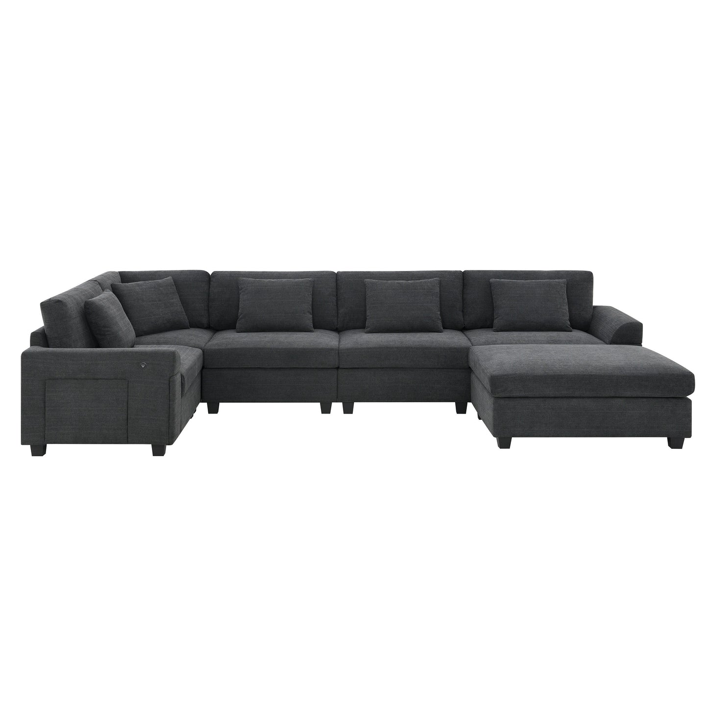 U Shaped Sectional Sofa,Chenille Couch Set With Ottoman,Hidden Armrest Storage And Cup Holders,Usb Charging Ports