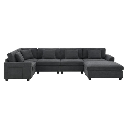 U Shaped Sectional Sofa,Chenille Couch Set With Ottoman,Hidden Armrest Storage And Cup Holders,Usb Charging Ports