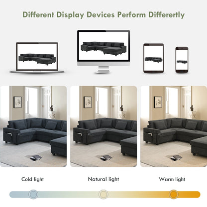 U Shaped Sectional Sofa,Chenille Couch Set With Ottoman,Hidden Armrest Storage And Cup Holders,Usb Charging Ports