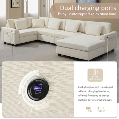 U Shaped Sectional Sofa,Chenille Couch Set With Ottoman,Hidden Armrest Storage And Cup Holders,Usb Charging Ports
