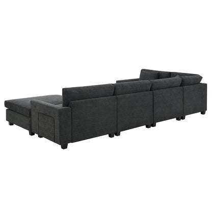 U Shaped Sectional Sofa,Chenille Couch Set With Ottoman,Hidden Armrest Storage And Cup Holders,Usb Charging Ports