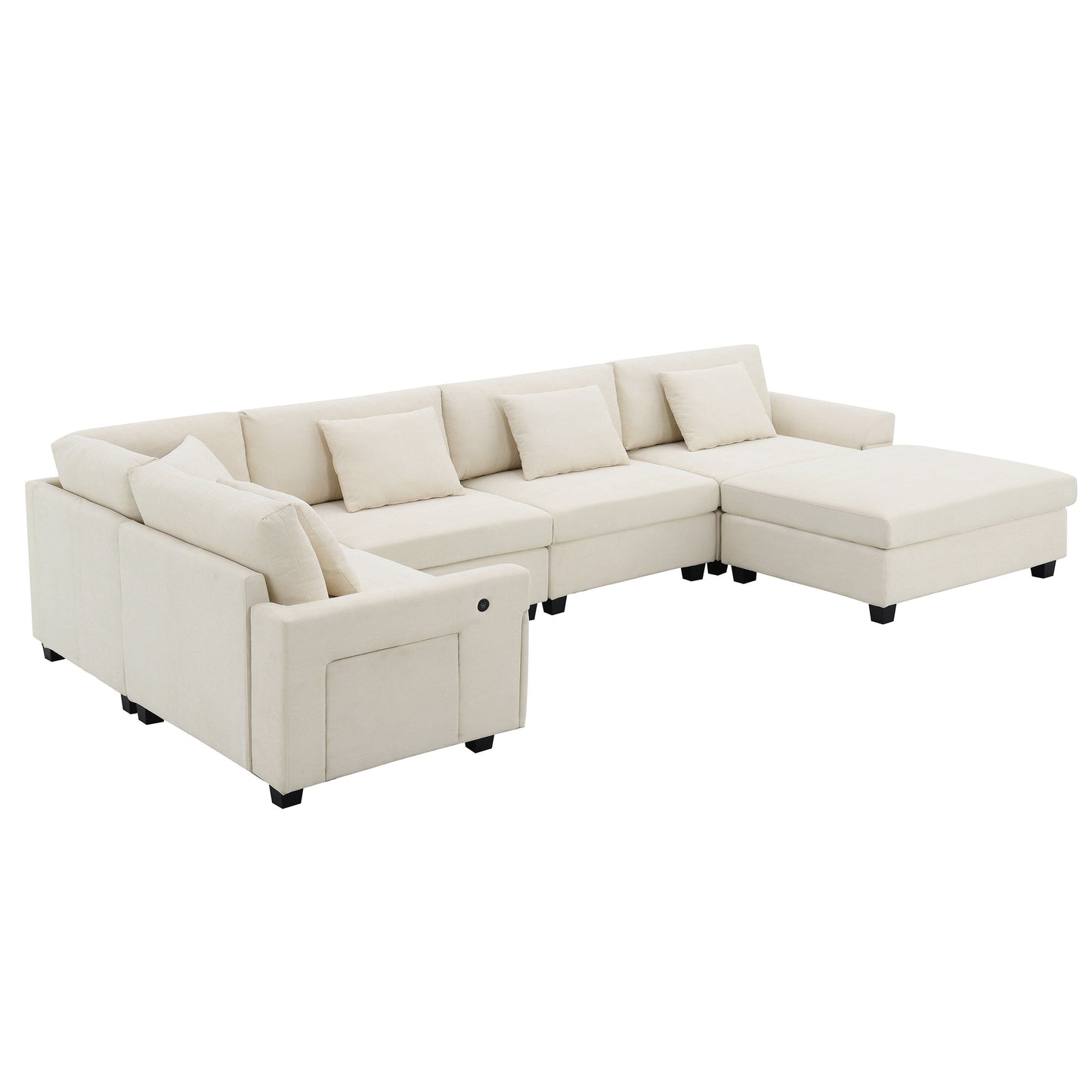 U Shaped Sectional Sofa,Chenille Couch Set With Ottoman,Hidden Armrest Storage And Cup Holders,Usb Charging Ports