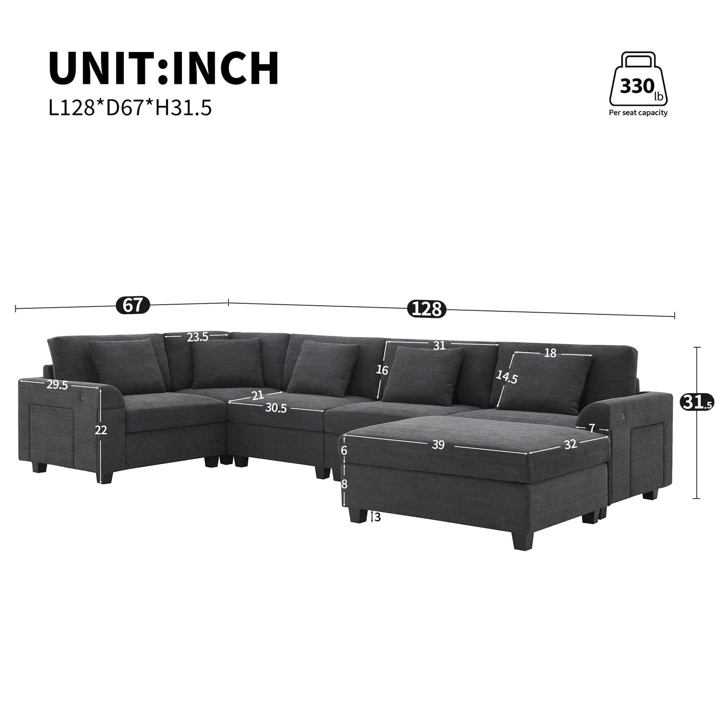 U Shaped Sectional Sofa,Chenille Couch Set With Ottoman,Hidden Armrest Storage And Cup Holders,Usb Charging Ports