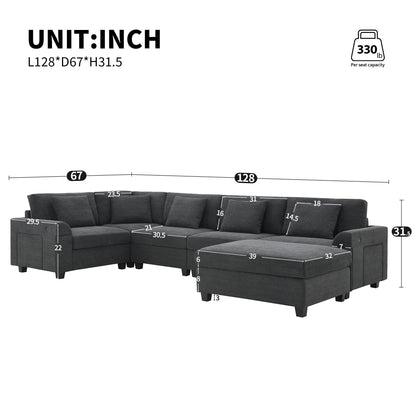 U Shaped Sectional Sofa,Chenille Couch Set With Ottoman,Hidden Armrest Storage And Cup Holders,Usb Charging Ports