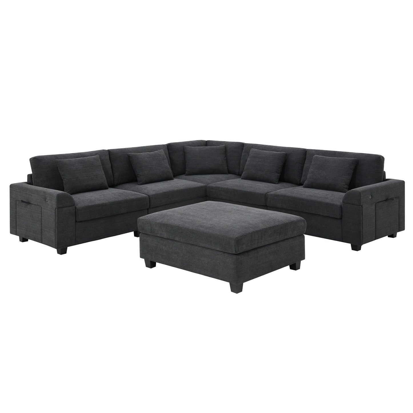 U Shaped Sectional Sofa,Chenille Couch Set With Ottoman,Hidden Armrest Storage And Cup Holders,Usb Charging Ports