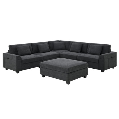 U Shaped Sectional Sofa,Chenille Couch Set With Ottoman,Hidden Armrest Storage And Cup Holders,Usb Charging Ports