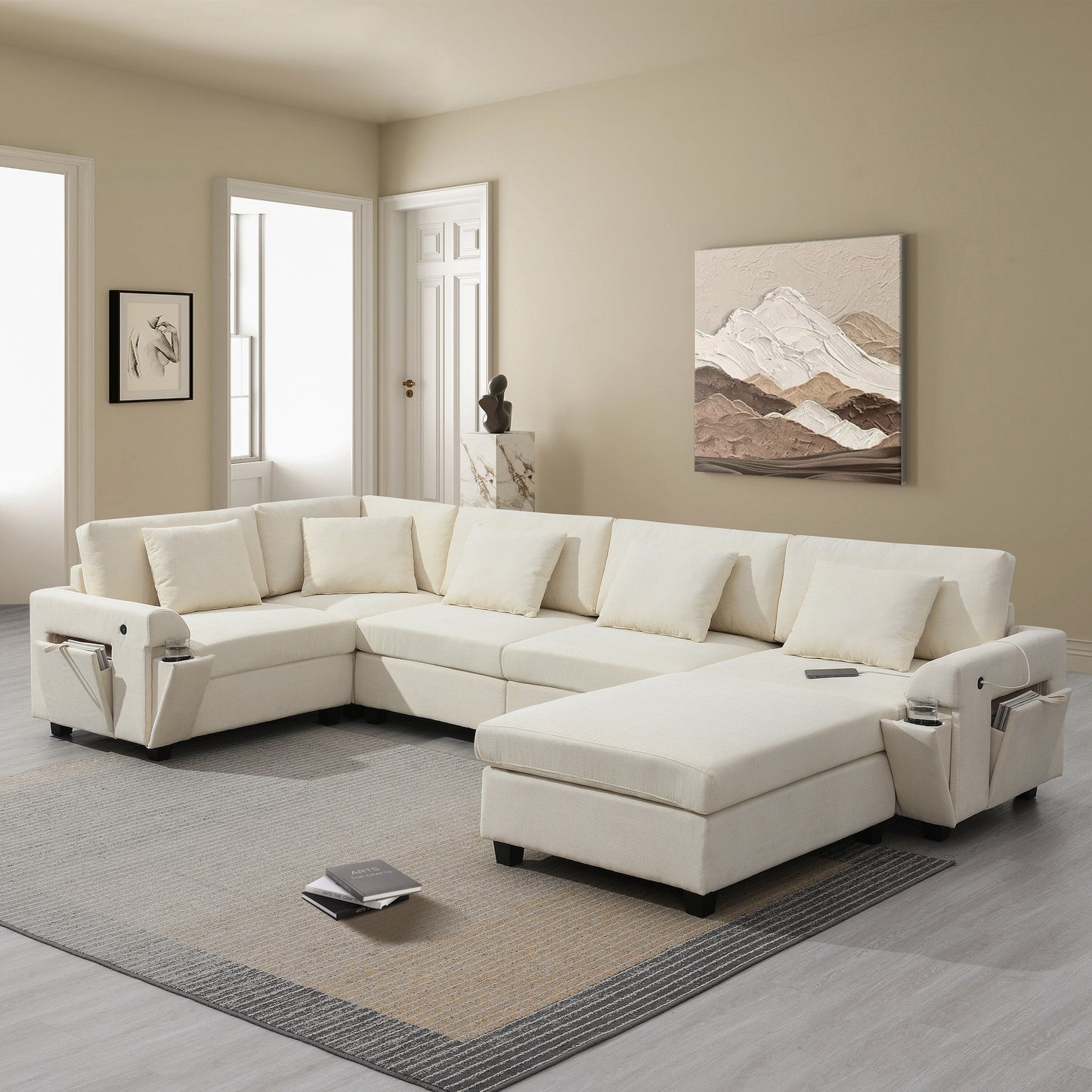 U Shaped Sectional Sofa,Chenille Couch Set With Ottoman,Hidden Armrest Storage And Cup Holders,Usb Charging Ports
