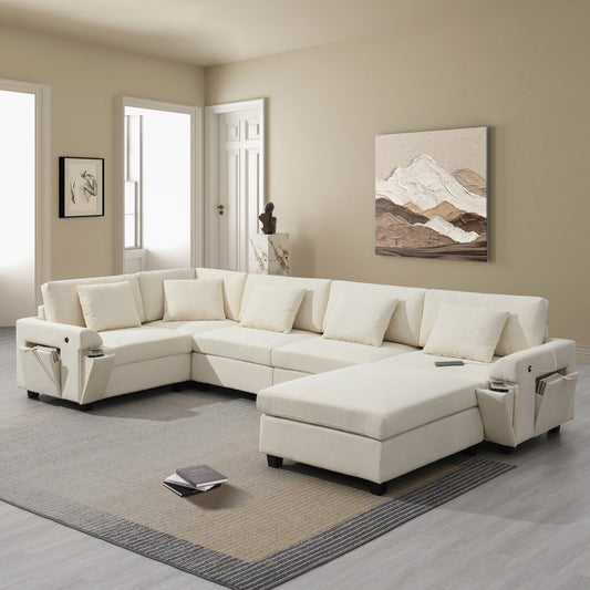 U Shaped Sectional Sofa,Chenille Couch Set With Ottoman,Hidden Armrest Storage And Cup Holders,Usb Charging Ports
