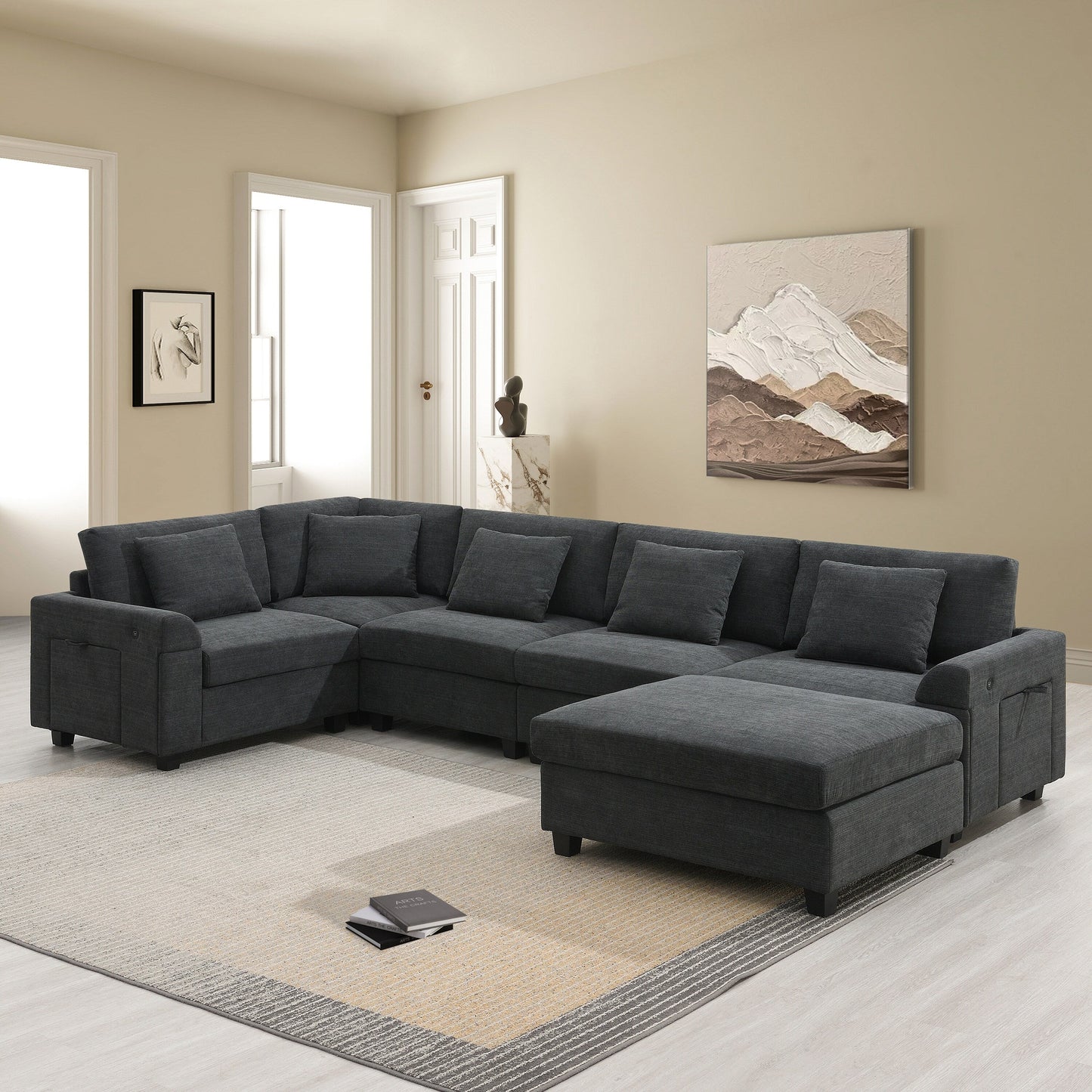 U Shaped Sectional Sofa,Chenille Couch Set With Ottoman,Hidden Armrest Storage And Cup Holders,Usb Charging Ports