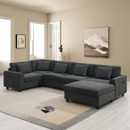 U Shaped Sectional Sofa,Chenille Couch Set With Ottoman,Hidden Armrest Storage And Cup Holders,Usb Charging Ports
